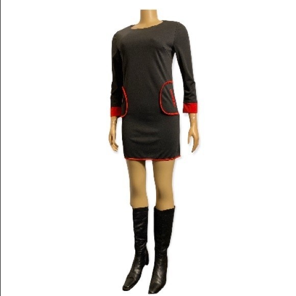 Vintage Mod Mini Dress Black Pockets Color Block Scoop Neck red piping size L - Picture 3 of 17
